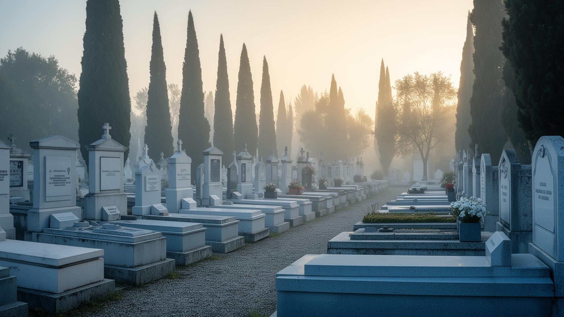 Cemitério português ao amanhecer com jazigos alinhados e ciprestes